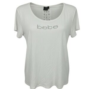 NEW Bebe Womens White Rhinestone Logo Lace Up Tie Back Tee Shirt 3X - AC